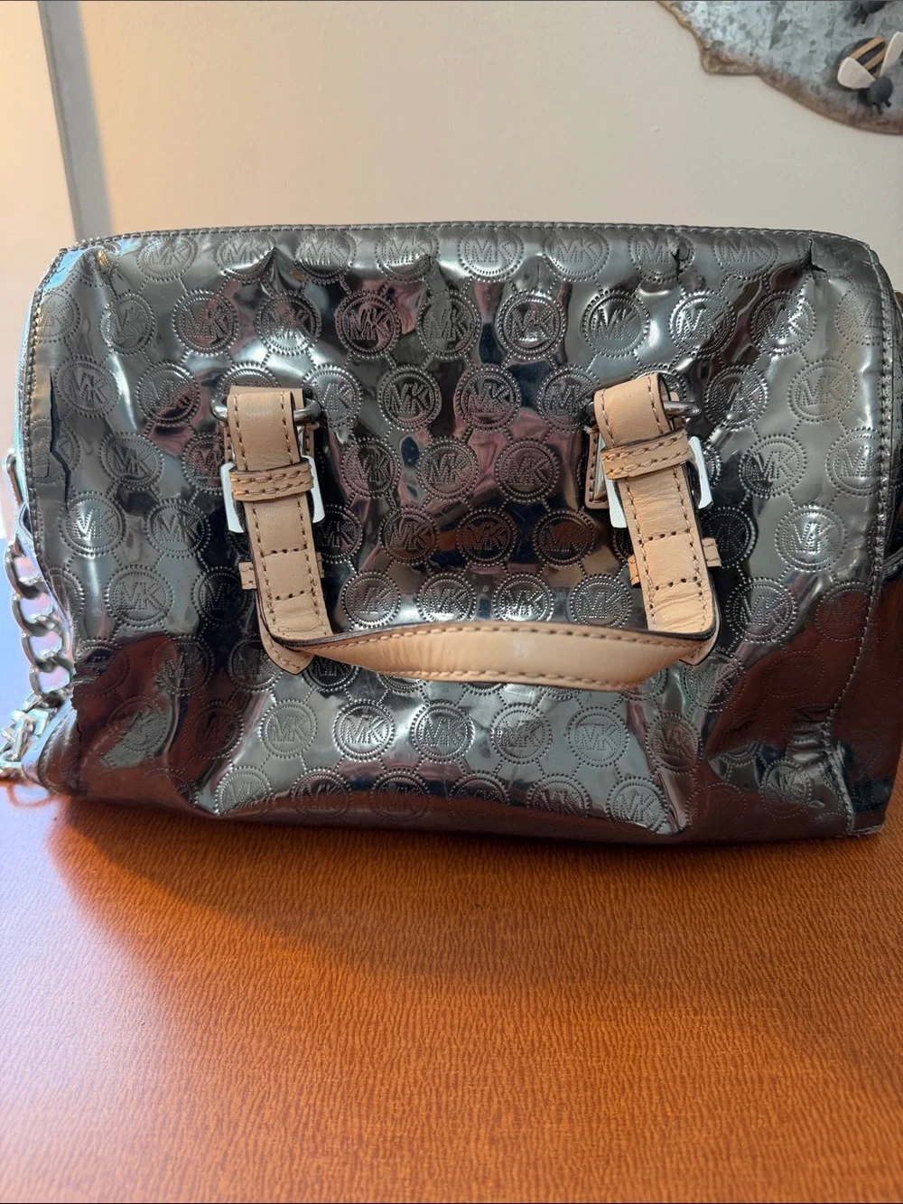Michael Kors Metallic Silver Satchel with Cream Handles